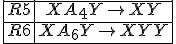 \begin{array}{|c|c|}
 \\ \hline R5 & XA_{4}Y \rightarrow XY\\
 \\ \hline R6 & XA_{6}Y \rightarrow XYY\\
 \\ \hline \end{array}